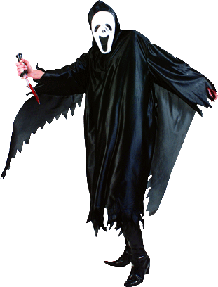 Image d'un homme habiller en 'Sadako', le fantom du film 'the ring' qui avance doucement au loin sur un chemin de fôret